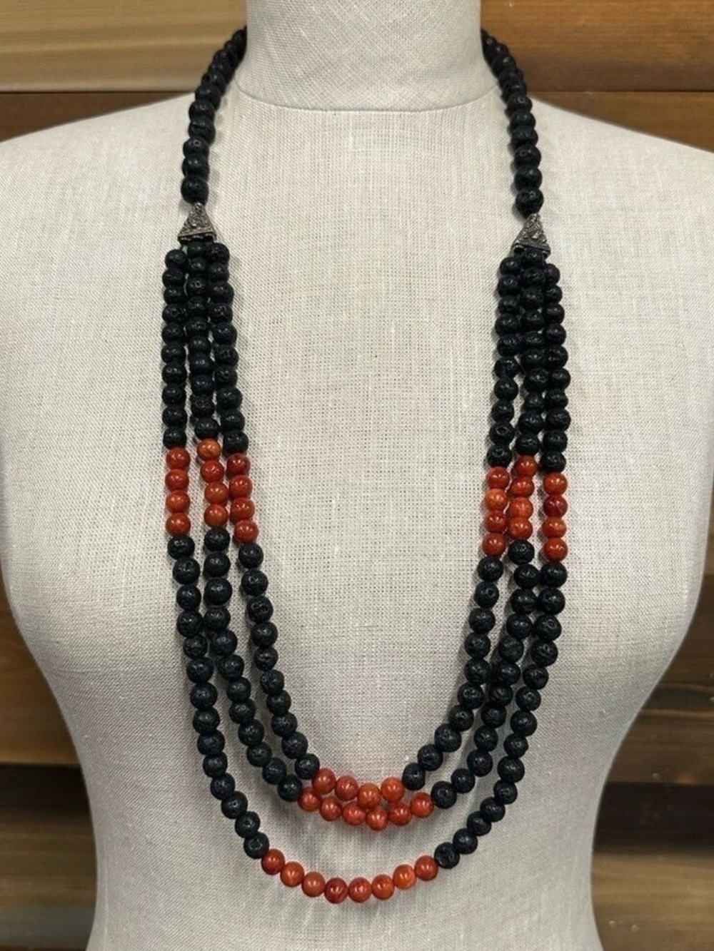 Lava Stone red sponge coral 3 row beaded necklace